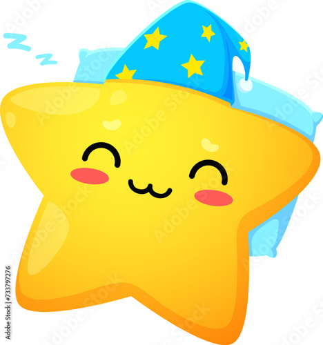 Cartoon cute cheerful kawaii star and happy twinkle character peacefully slumbers in a nightcap. Isolated vector sleeping celestial toon personage, surrounded by a tranquil aura of bedtime magic
