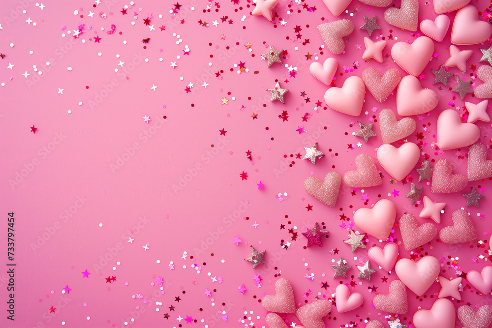 Pink background with hearts, stars and copy space Pink background with hearts, stars and copy space