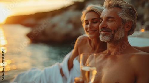 Mature couple in bathrobes enjoying champagne while relaxing in luxury hotel