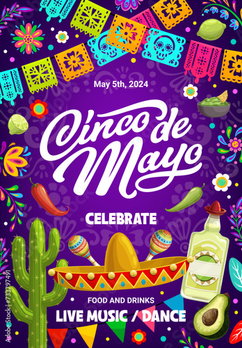 Cinco de mayo holiday flyer or banner for Mexican fiesta celebration, vector background. Mexico 5 May holiday festival or party event poster with sombrero, tequila, avocado and papel picado flags
