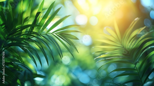 tropical green palm trees against a blue sky with glare of the sun © mirifadapt
