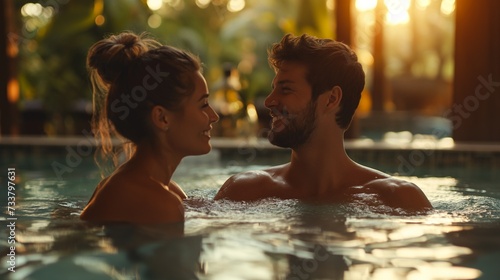 couple in bath enjoying and relaxing in a pool of luxury hotel