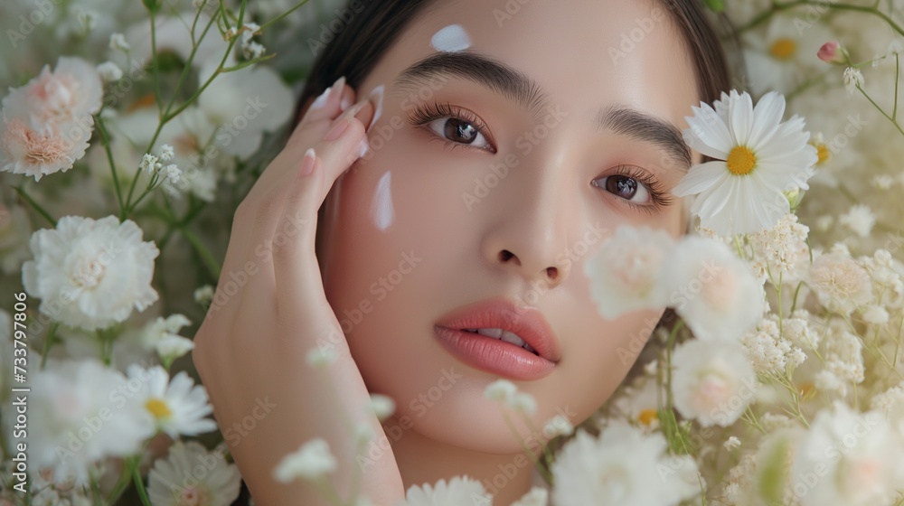 Beautiful young woman touching her face over blooming garden background. Cosmetology , beauty and spa. Beautiful young woman touching her face over blooming garden background. Cosmetology , beauty and spa.
