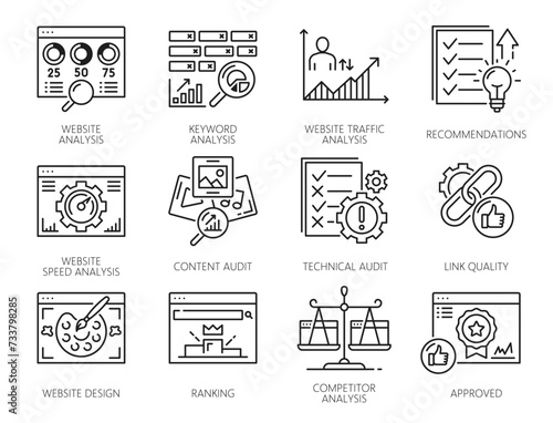 Web audit icons of website SEO analysis. Digital marketing technology vector thin line symbols with report graphs of site content, search engine optimization, design, technical and competitors audits