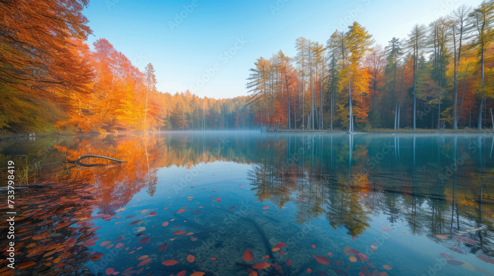 Crisp autumn sunrise by a serene lake with vivid foliage reflections
