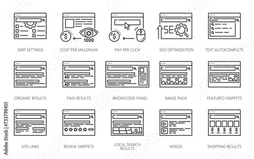 SERP icons. Search engine result page vector symbols of digital marketing. Thin line websites of serp settings, search engine optimization, organic and paid results, internet traffic analytics