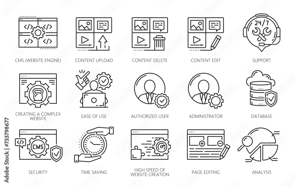 CMS, content management system icons, vector web technologies. Thin line website admin, laptop computer, upload, edit and delete content, social media administrator, software and database symbols