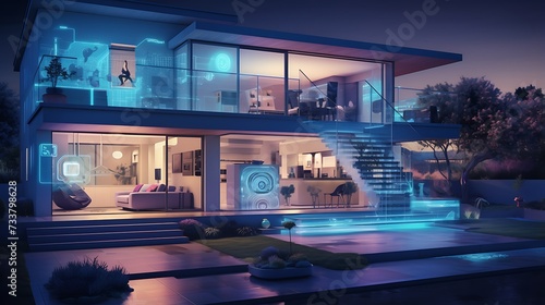 A modern smart home at dusk, showcasing advanced technology interfaces and a luxurious, illuminated living space.
