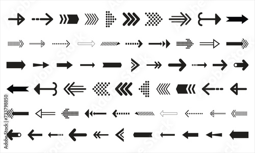 Set of Black Arrows Icons. Arrows vector design. Arrow vector collection. Flat arrow icon  Arrow  Cursor. Collection of different Arrows on flat style. Simple arrows. Vector illustration.