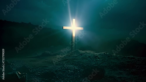 Wooden cross on the rock against blue sky on day of Jesus Christ resurrection on Golgotha in Jerusalem Easter photo