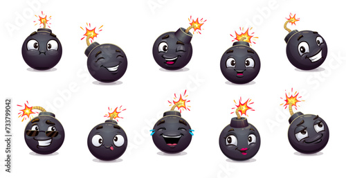 Cartoon bomb characters. Explosive, weapon personages with cute smiling faces, fire sparks and wicks. Vector explosion emojis set of retro bomb or grenade black spheres with sunglasses and tongue