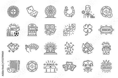 Casino line icons. Gambling and Las Vegas leisure, casino jack pot winning and poker game outline pictograms with slot machine, playing cards, roulette, horseshoe and dealer, clover, chip and money