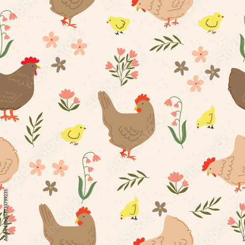 cute chicken in wild flowers garden seamless repeat pattern hand drawn vector illustration for invitation greeting birthday party celebration wedding card poster banner textiles wallpaper background