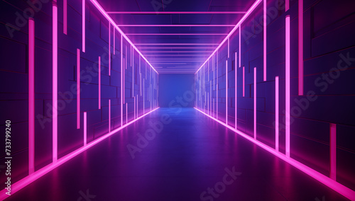 A stunning 3D render showcases a geometric figure illuminated by vibrant neon lights, casting a mesmerizing glow against the backdrop of a dark tunnel, evoking a sense of futuristic allure and technol © akromin