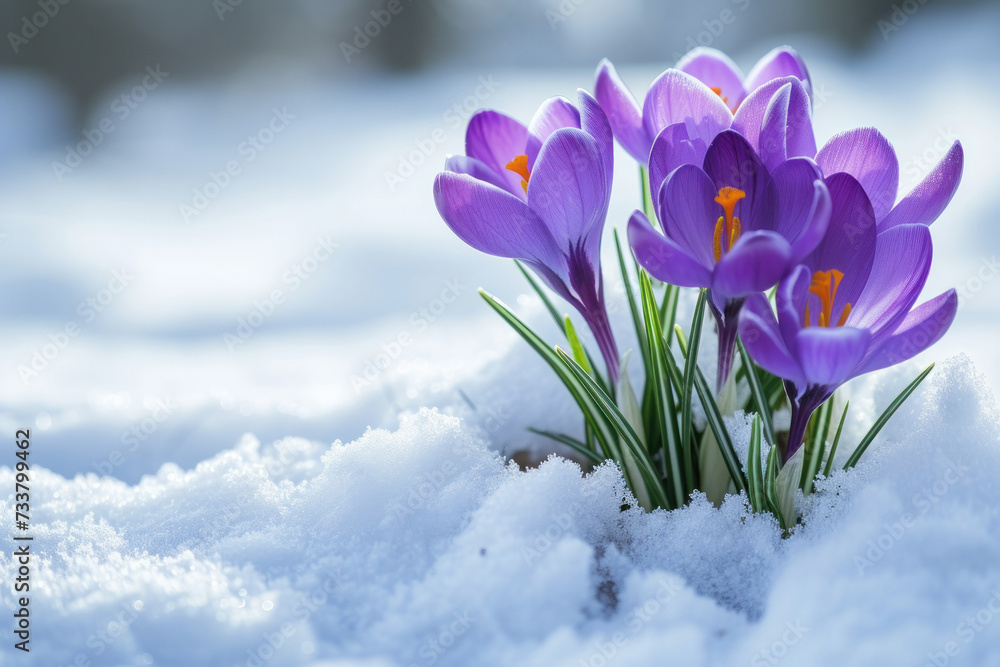 Naklejka premium Group of Purple Flowers in the Snow