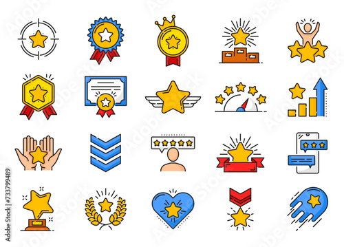 Quality rating color icons, rank, reward, grade star symbols. Vector thin line stars of best quality trophy, winner medal, success award and champion prize. Customer review and feedback outline signs