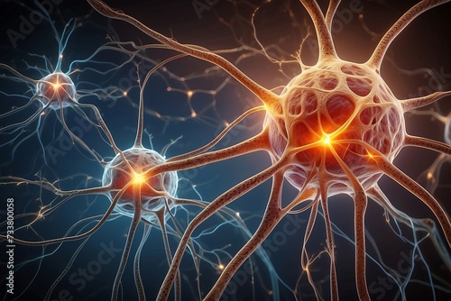 Active nerve cells. Neuronal network with electrical activity of neuron cells. Neuroscience, neurology, brain activity, nervous system and impulse, microbiology concepts.
