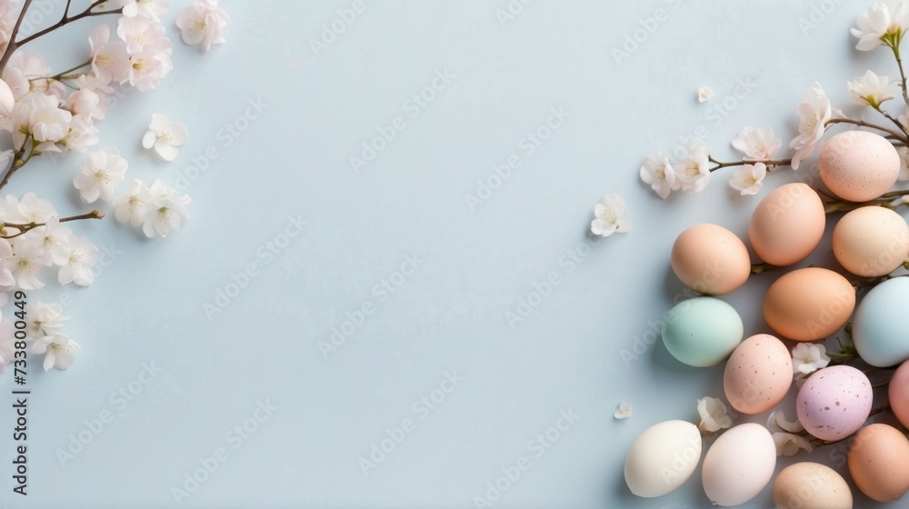 Easter Eggs and Cherry Blossoms on Pastel Background. A pastel blue backdrop features a delicate arrangement of Easter eggs and white cherry blossoms, symbolizing spring and rebirth.