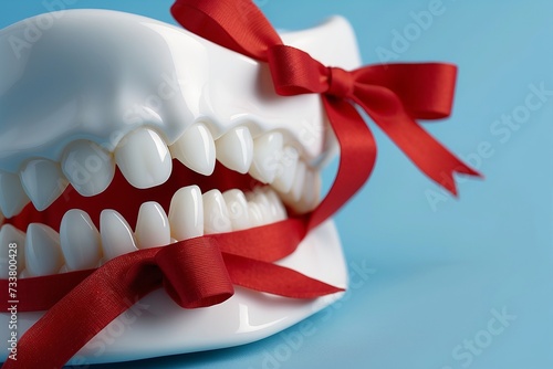concept for a dental procedure. Free dental care is available. Close up of a white teeth model with a red bow ribbon over a blue background. photo