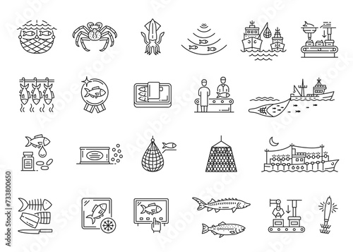 Fishing industry line icons, fishery boat, fish market and seafood store, vector linear symbols. Sea fishing industry, fisherman net or fishnet, fish procession and food production equipment