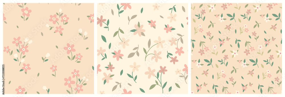 Seamless floral pattern, liberty ditsy print collection. Cute botanical design, pretty flower surface: small hand drawn daisy flowers, tiny leaves, mini simple plants in abstract. Vector illustration.