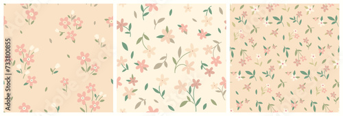 Seamless floral pattern, liberty ditsy print collection. Cute botanical design, pretty flower surface: small hand drawn daisy flowers, tiny leaves, mini simple plants in abstract. Vector illustration.