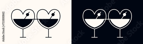 Paired martini glasses in the shape of a heart. Graphic design element for logo, icon, emblem, brand sign, etc. Two cute glasses with cocktail, symbol of love for drinks. Vector illustration.