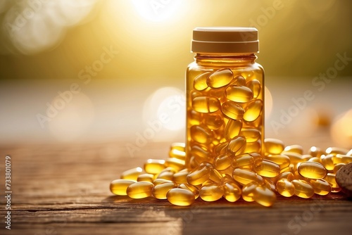minimalist Vitamin D capsules tablets in sunshine, sunlight. Omega 3 fish oil capsules and a glass bottle golden bokeh web banner background.