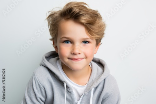 Portrait of a cute smiling little boy in a gray hoodie.