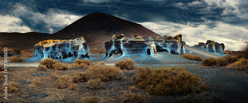 Paisaje volcánico en el Parque Nacional de Timanfaya, Lanzarote, Islas Canarias, España. Montañas, volcanes y cráteres en un paisaje salvaje. photo