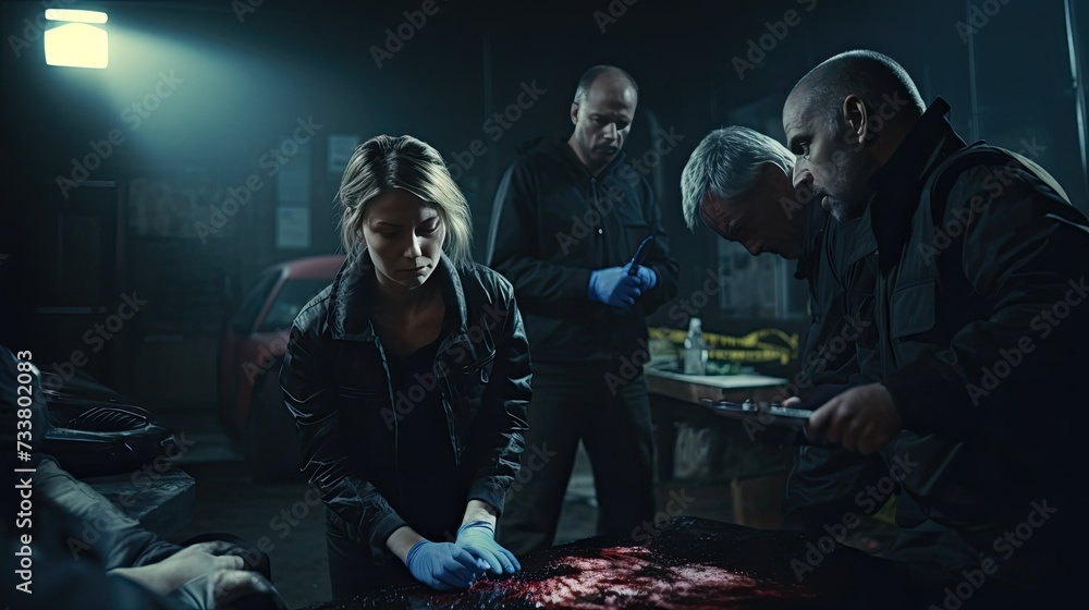 Crime Scene Investigation Team Working on a Murder. Female Police Officer Briefing Detective on the Victim's Body Crime Scene Investigation Team Working on a Murder. Female Police Officer Briefing Detective on the Victim's Body
