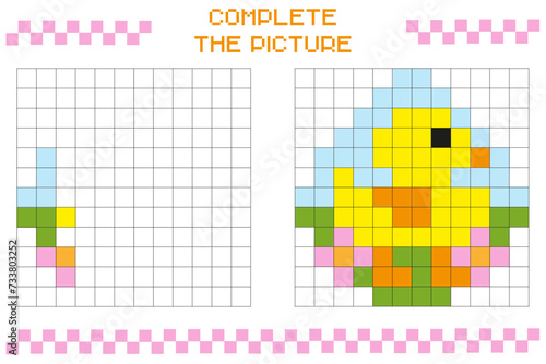 Complete the picture, complete the image of the grid. Coloring the cellular areas.Children's games.Cartoon vector illustration.Easter Egg.
Educational cards for children.Pixel art. Mosaic for children
