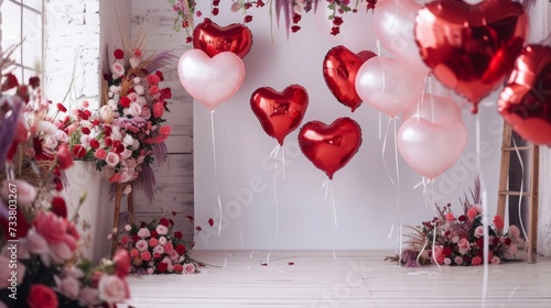 Festive valentine's day photo studio background: many red and pink heart-shaped balloons, flowers hanging from the ceiling, pastel light color palette, wooden details