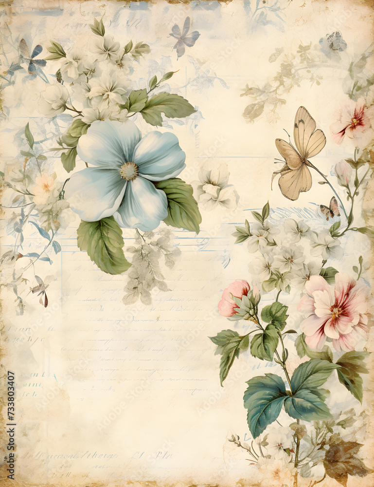 Elegant floral Vintage Scrapbook Paper, Old Vintage Texture, Junk Journal, Scrapbooking, Digital Paper, Flowers, Pink, Green and Blue Florals
