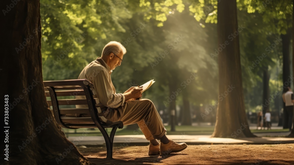Older man sitting on a bench in a quiet park reading the newspaper - obrazy, fototapety, plakaty 