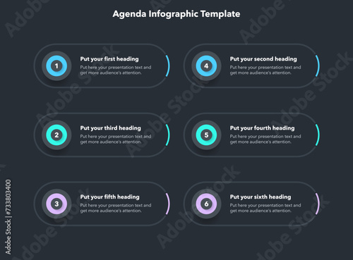 Agenda infographic template with six steps and a place for your text - dark version. Can be used for your website or presentation.