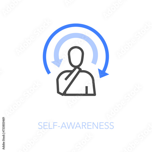 Simple visualised self-awareness icon symbol with a thinking person and process arrows.