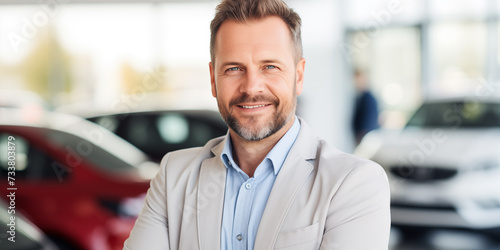 Automobilkaufmann steht im Verkaufsraum eines Autohauses und lächelt in die Kamera photo