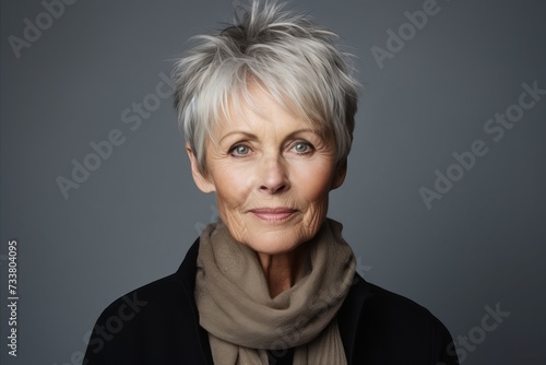 Portrait of a happy senior woman with grey hair and scarf.