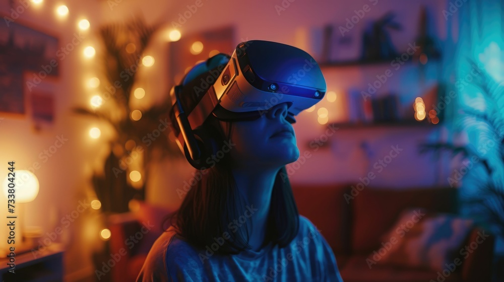 A man wearing a VR headset in a vibrant neon lighting living room. virtual reality concept.