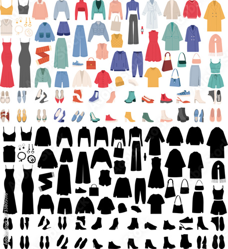 set of women s clothing and shoes  bags on a white background vector