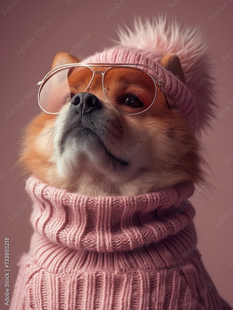 Chow Chow dog portrait with high necked sweater, showcasing innovative and fashionable beauty trends from the 1960s