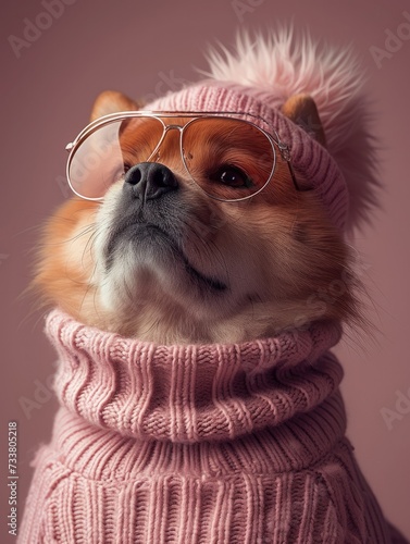 Chow Chow dog portrait with high necked sweater  showcasing innovative and fashionable beauty trends from the 1960s