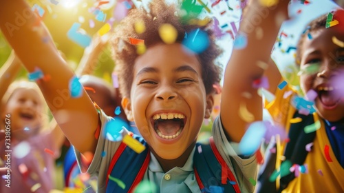 Cheerful young boy celebrating with colorful confetti in the air.