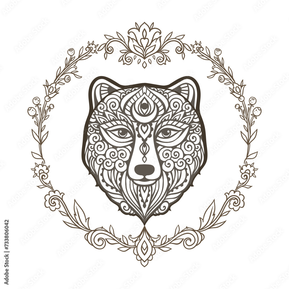 Bear mandala. Animal Vector illustration. Adult or kids coloring book page in Zen boho style. Antistress Peaceful drawing. Black and white
