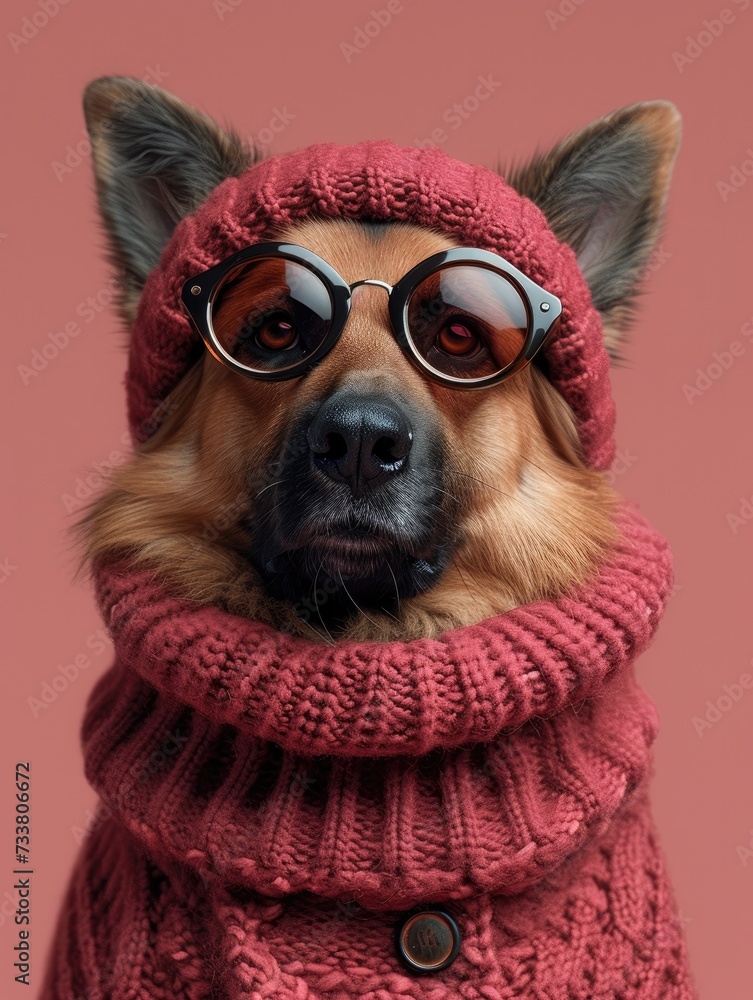 German Shepherd dog portrait with high necked sweater, showcasing innovative and fashionable beauty trends