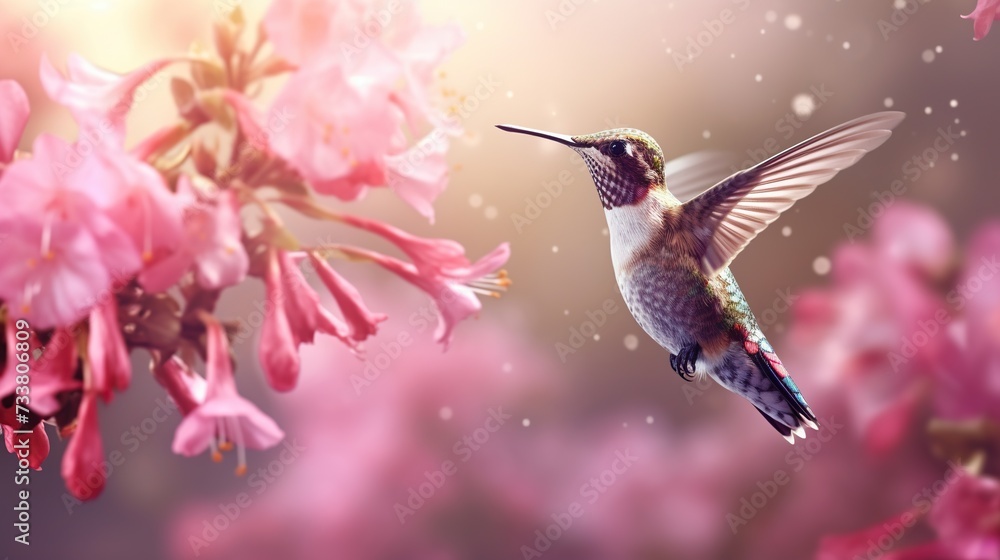 Fototapeta premium Beautiful hummingbird flight on a pink flowers. Humming bird flying and soaring to collect nectar. Animal concept with soft bokeh sun light background.