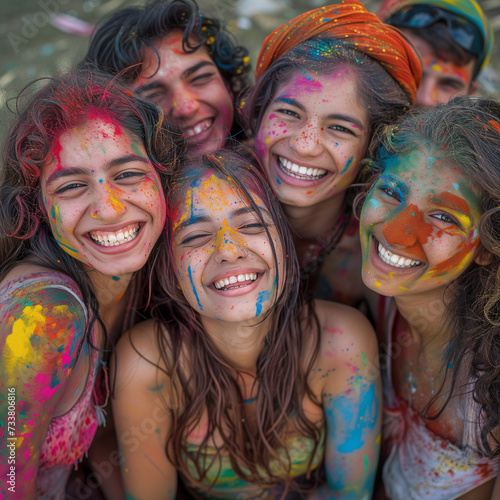 Holi Festival. Exuberant friends sharing laughter and joy, drenched in Holi's multicolored powders.