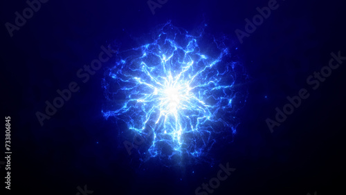 Abstract glowing blue futuristic energy plasma wave with bright core, magical dynamic electric particles on a dark blue background