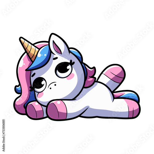 A tired unicorn laying  on his stomach with his legs stretched 